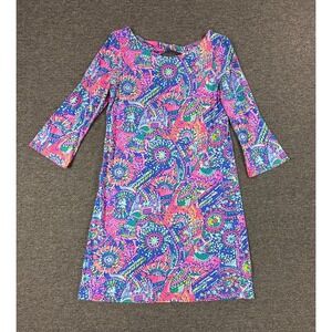 Lilly Pulitzer Dress Womens Medium Pink Blue No Prob Llama Bay Pima Cotton Shift